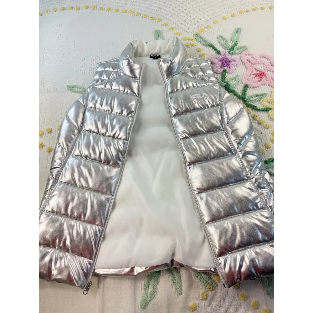 FILA SPORT Puffer Vest‎ Silver Metallic Full Zip Padded Jacket Size M